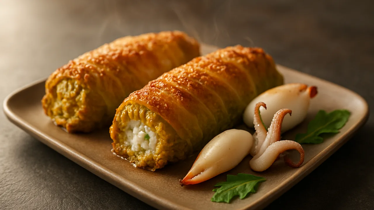 Gefüllte Chinakohl mit Tintenfisch aus dem Airfryer mit Chinakohlblätter und Tintenfisch, auf dunklem Schiefer angerichtet.