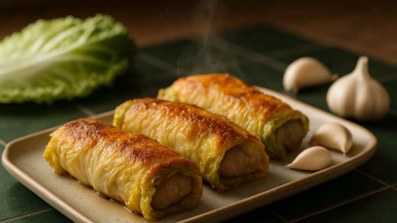 Gefüllte Chinakohl-Rollen mit Kalbsschnitzel aus dem Airfryer mit Chinakohlblätter und Kalbsschnitzel, auf dunkelgrünen …