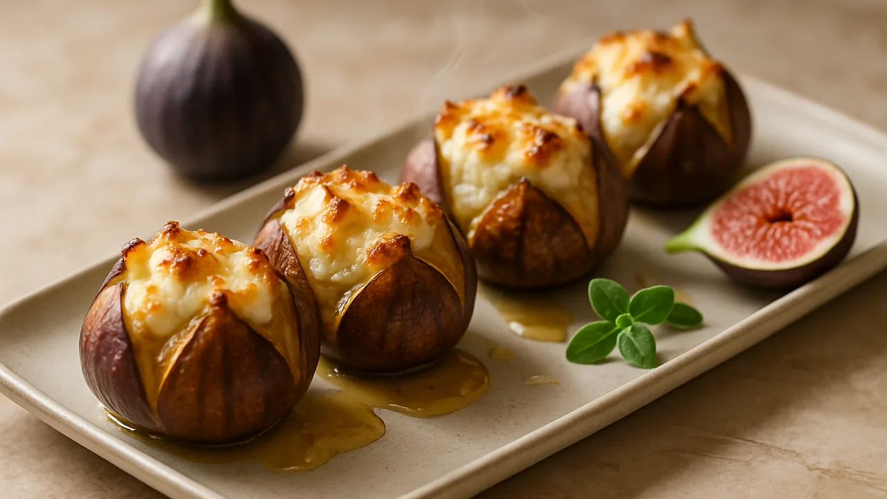 Gefüllte Feigen mit Ziegenkäse aus dem Airfryer mit Frische Feigen und Ziegenfrischkäse, auf beigem Marmor angerichtet.