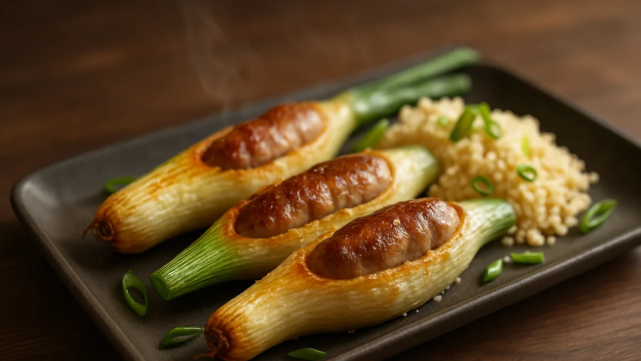 Gefüllte Frühlingszwiebel mit Bratwurst aus dem Airfryer mit Bratwurst und Frühlingszwiebeln (dick), auf dunklem …