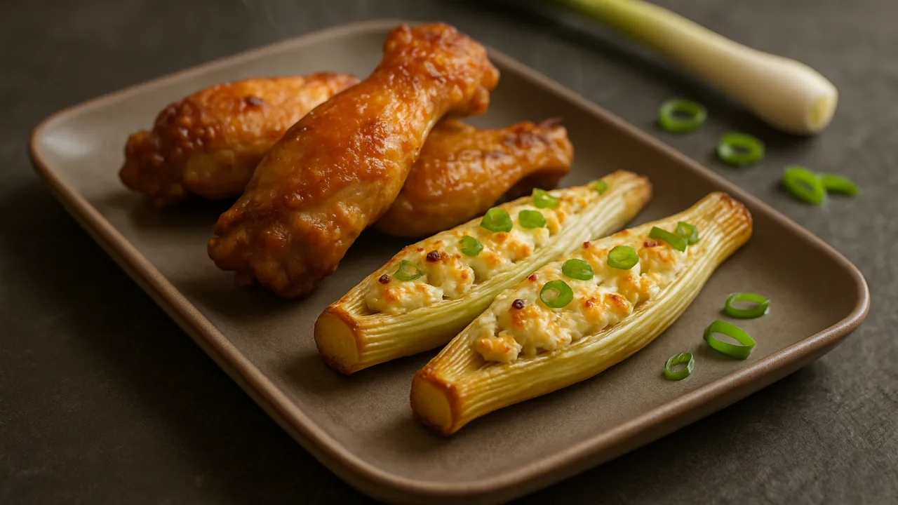 Gefüllte Frühlingszwiebel mit Hähnchenflügel aus dem Airfryer mit Hähnchenflügel und Frühlingszwiebeln, auf dunklem …