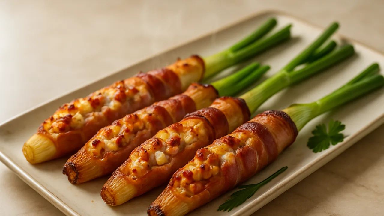 Gefüllte Frühlingszwiebeln mit Schinken aus dem Airfryer mit Frühlingszwiebeln und Schinken, auf beigem Marmor angerichtet.