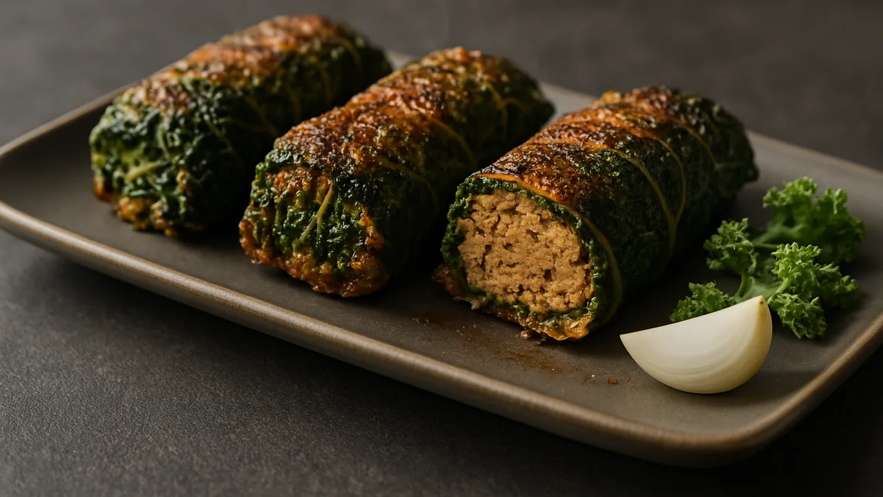 Gefüllte Grünkohl-Röllchen mit Seitan aus dem Airfryer mit Grünkohl und Seitan, auf dunklem Schiefer angerichtet.