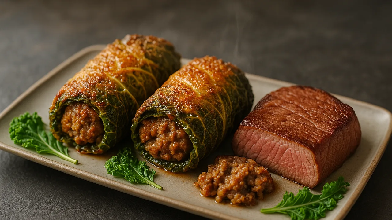 Gefüllte Grünkohlröllchen mit Rumpsteak aus dem Airfryer mit Grünkohlblätter und Rumpsteak, auf dunklem Schiefer angerichtet.