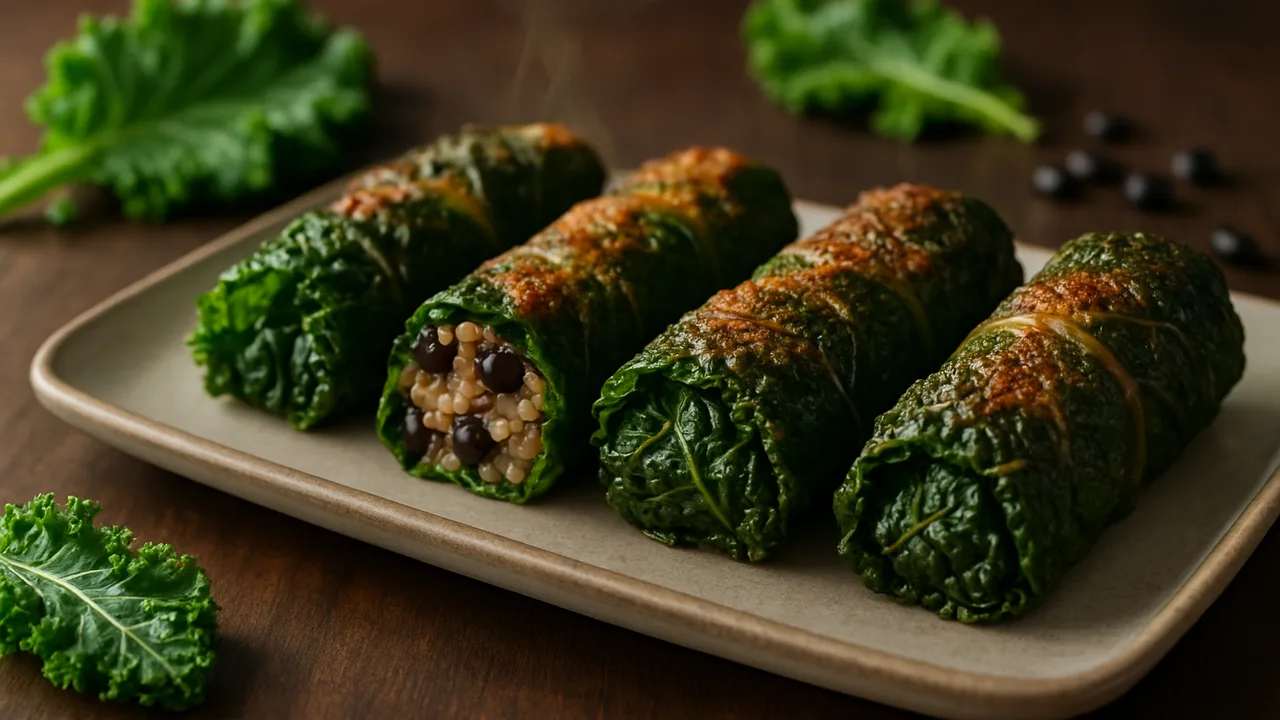 Gefüllte Grünkohlröllchen mit schwarzen Bohnen aus dem Airfryer mit Grünkohlblätter und Quinoa, auf dunklem Walnussholz …