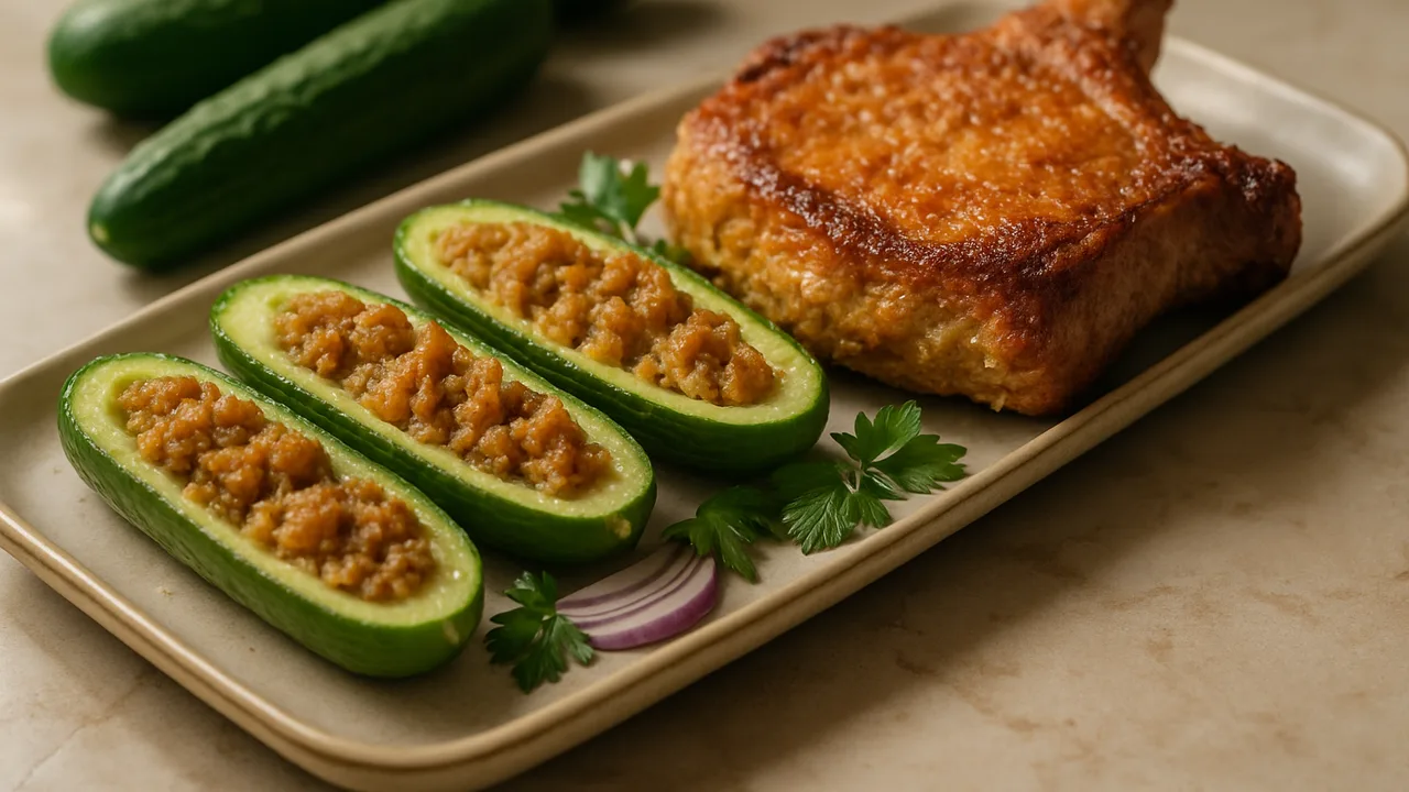 Gefüllte Gurke mit Schweinekotelett und Kräutern aus dem Airfryer mit Salatgurken und Schweinekotelett, auf beigem Marmor …