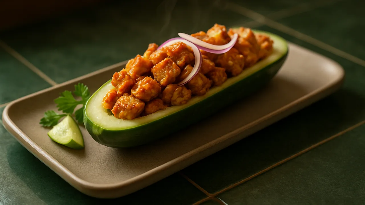 Gefüllte Gurke mit Tempeh aus dem Airfryer mit Salatgurke und Tempeh, auf dunkelgrünen Fliesen angerichtet.