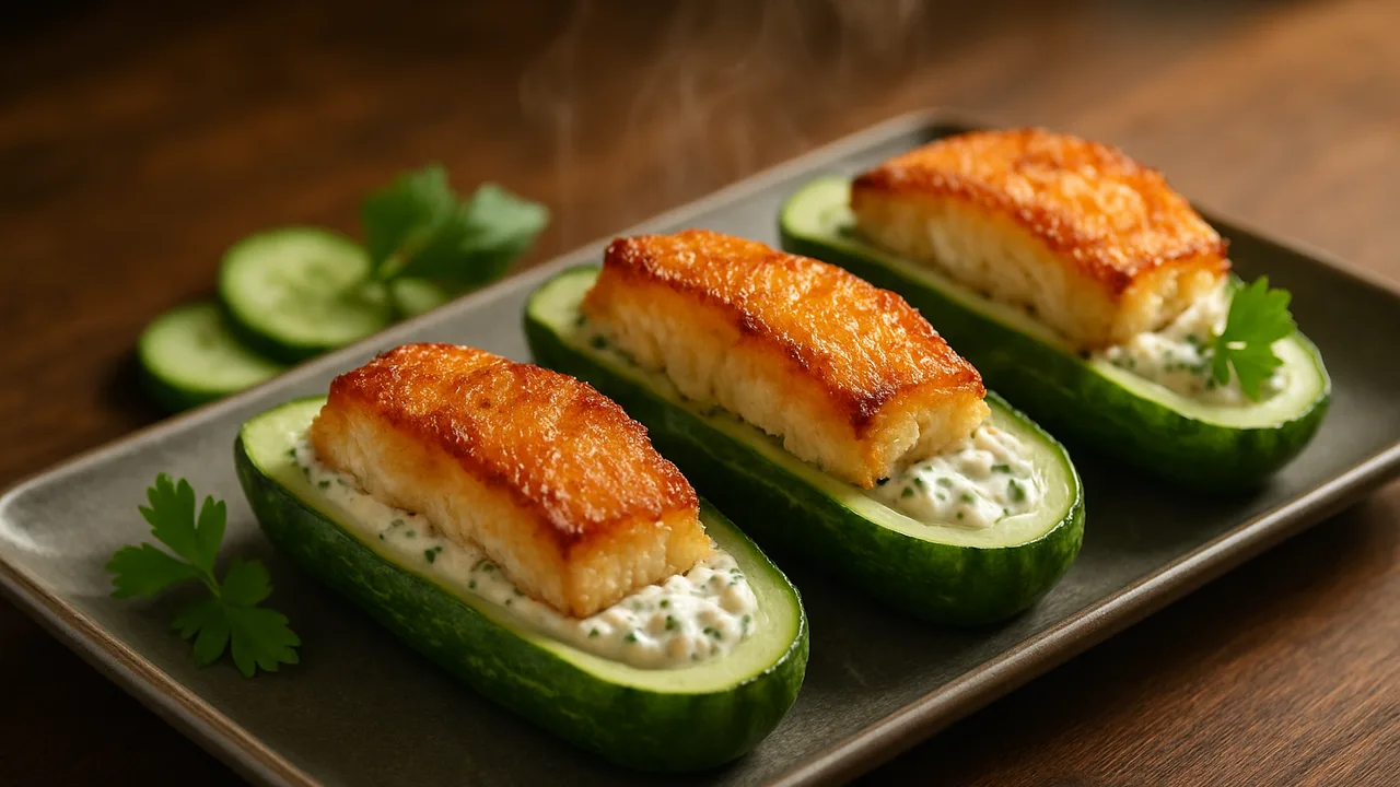 Gurke gefüllt mit Zander und Kräutern aus dem Airfryer mit Salatgurken und Zanderfilet, auf dunklem Walnussholz angerichtet.