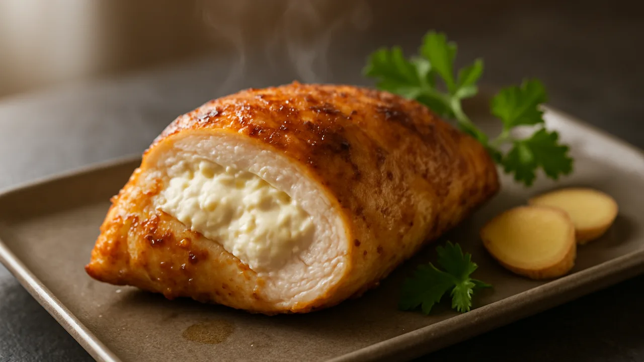 Gefüllte Ingwer-Hähnchenbrust aus dem Airfryer mit Hähnchenbrust und Frischkäse, auf dunklem Schiefer angerichtet.
