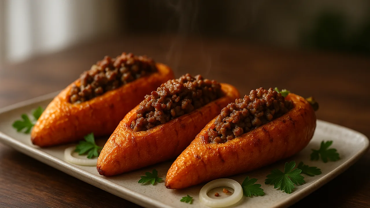 Gefüllte Karotte mit Rinderhackfleisch aus dem Airfryer mit große Karotten und Rinderhackfleisch, auf dunklem Walnussholz …