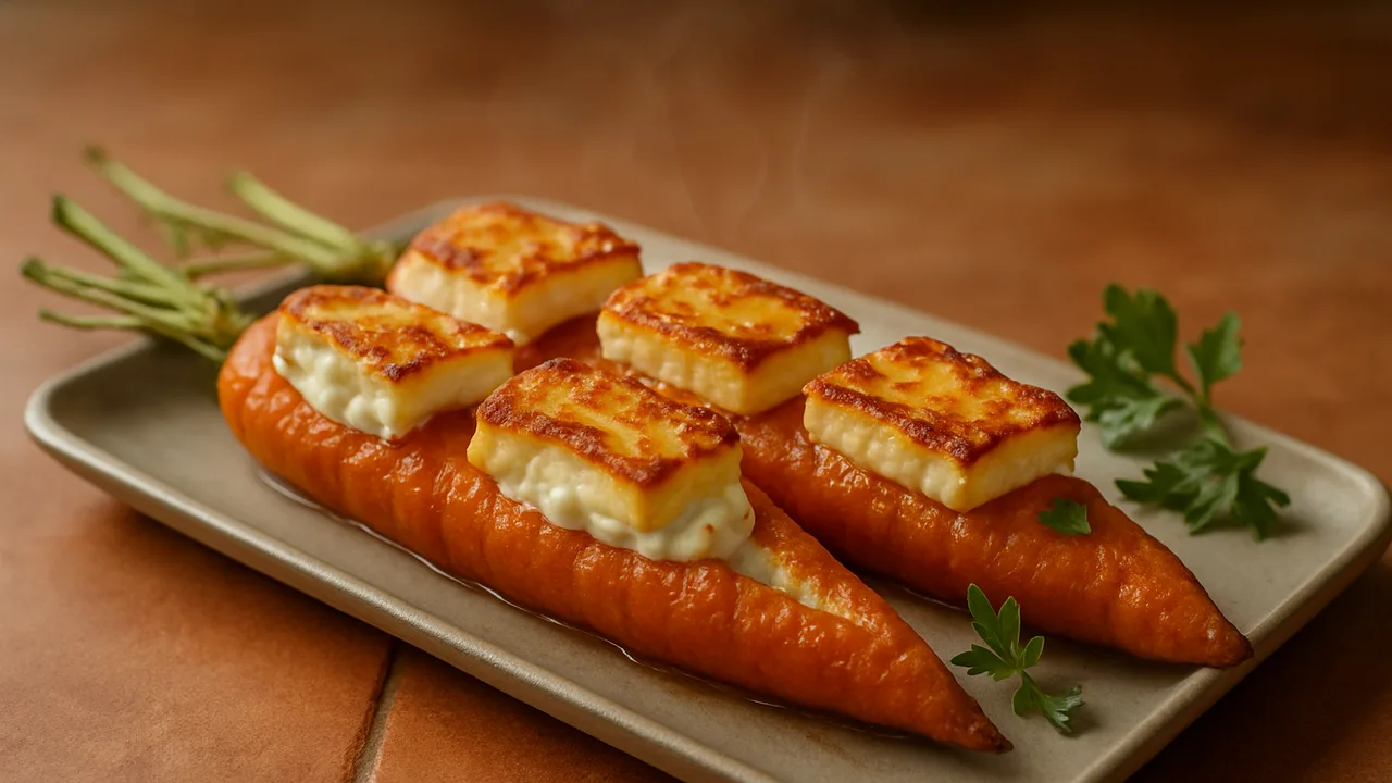 Gefüllte Karotten mit Halloumi aus dem Airfryer mit große Karotten und Halloumi, auf Terracotta-Fliesen angerichtet.