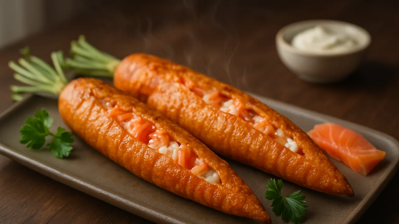 Gefüllte Karotten mit Lachs aus dem Airfryer mit große Karotten und Lachsfilet, auf dunklem Walnussholz angerichtet.