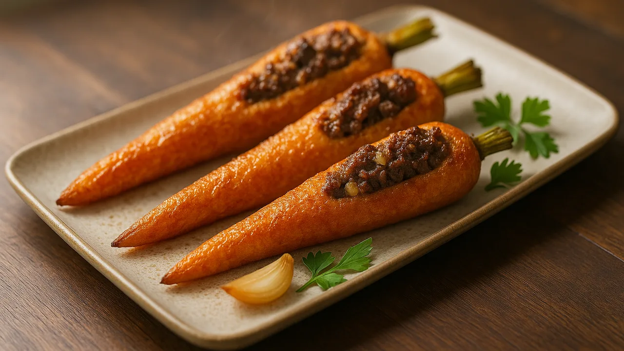 Gefüllte Karotten mit Rinderhackfleisch aus dem Airfryer mit große Karotten und Rinderhackfleisch, auf dunklem Walnussholz …