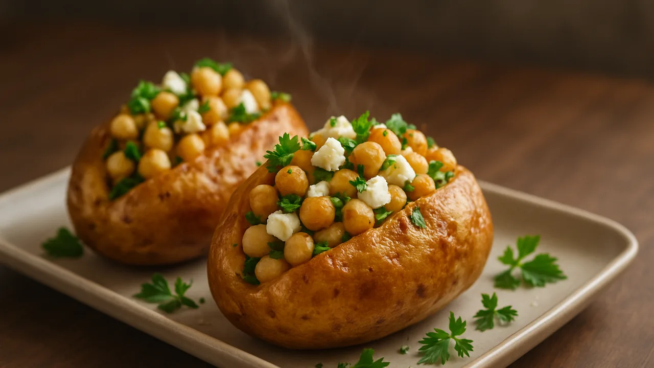 Gefüllte Kartoffel mit Kichererbsen und Kräutern aus dem Airfryer mit große Kartoffeln und Kichererbsen, auf dunklem …