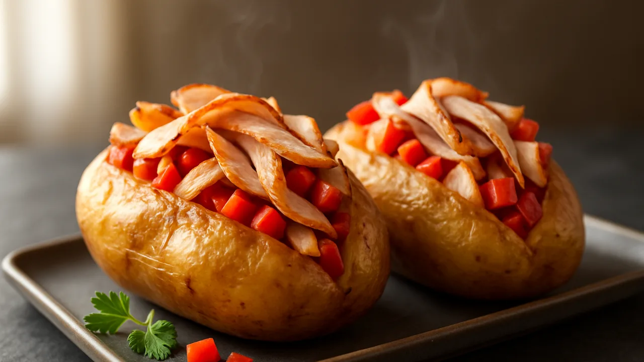 Gefüllte Kartoffel mit Putenbrust aus dem Airfryer mit große Kartoffeln und Putenbrust, auf dunklem Schiefer angerichtet.