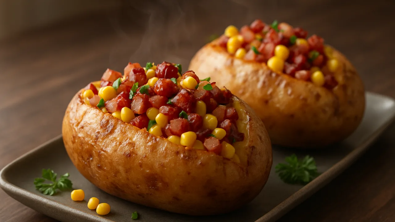 Gefüllte Kartoffel mit Speck aus dem Airfryer mit große Kartoffeln und Speckwürfel, auf dunklem Walnussholz angerichtet.