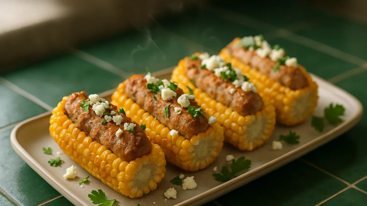 Gefüllte Maiskolben mit Bratwurst aus dem Airfryer mit Maiskolben und Bratwurst, auf dunkelgrünen Fliesen angerichtet.