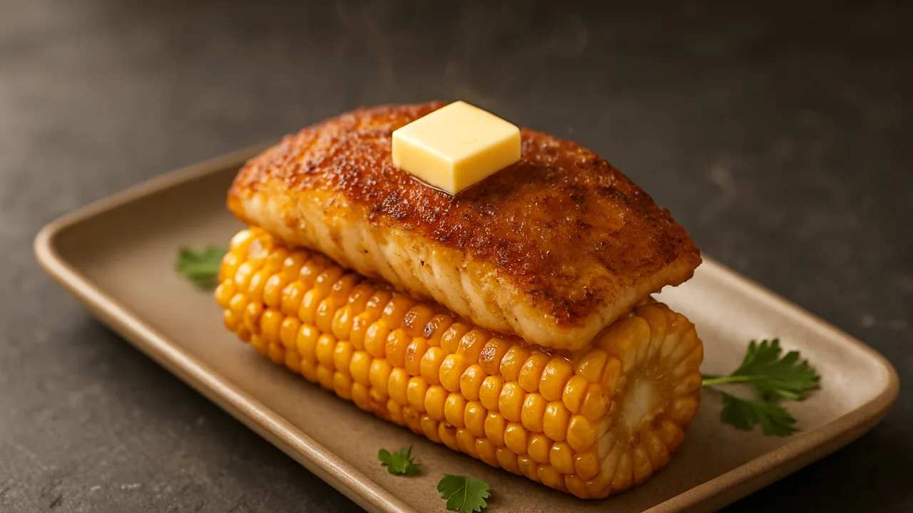 Gefüllte Mais mit Rotbarsch aus dem Airfryer mit Rotbarschfilet und Maiskolben, auf dunklem Schiefer angerichtet.