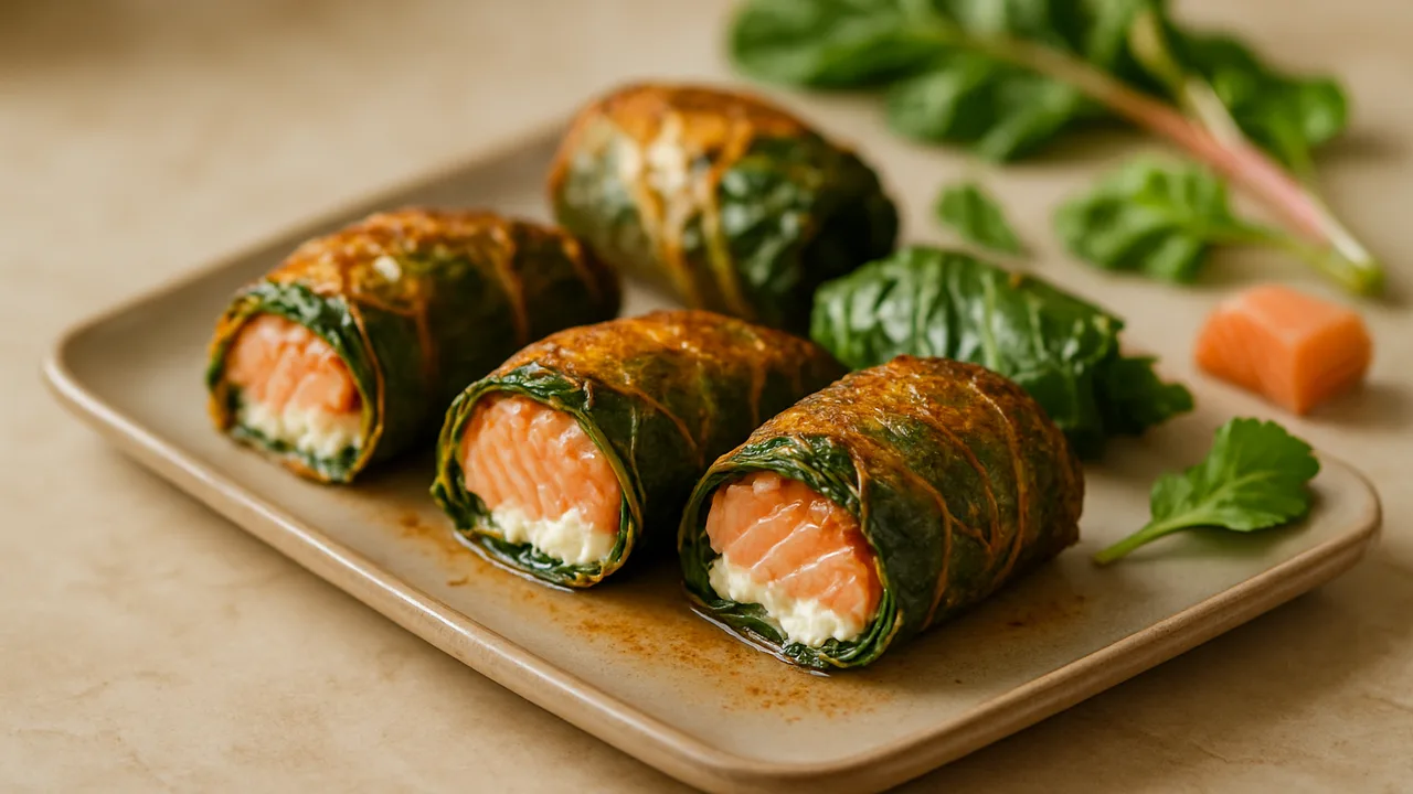 Gefüllte Mangold mit Lachs aus dem Airfryer mit Mangoldblätter und Lachsfilet, auf beigem Marmor angerichtet.