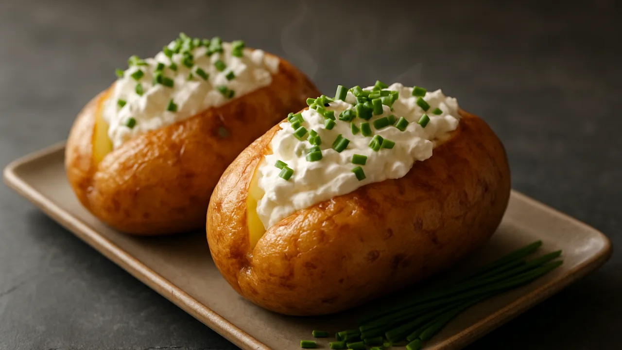 Gefüllte Ofenkartoffel mit Frischkäse und Schnittlauch aus dem Airfryer mit große Kartoffeln und Frischkäse, auf dunklem …