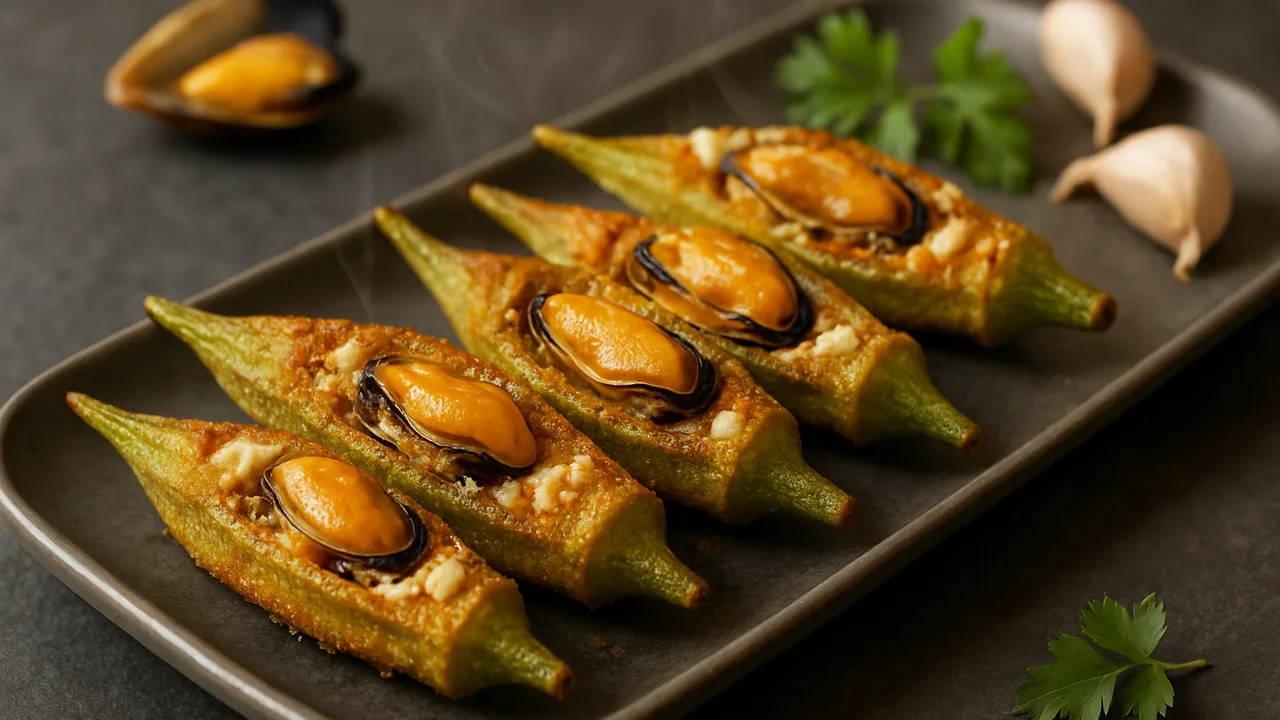 Gefüllte Okra mit Miesmuscheln aus dem Airfryer mit Okraschoten und Feta, auf dunklem Schiefer angerichtet.