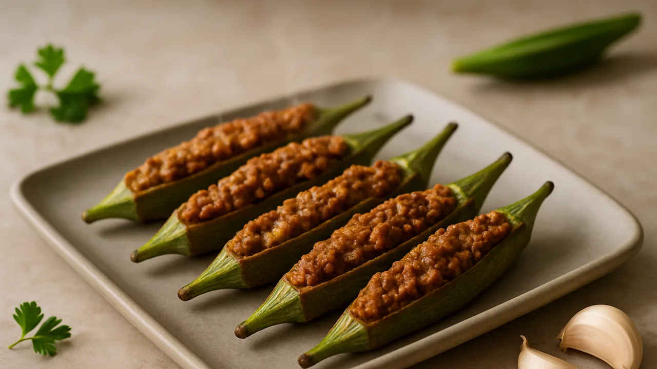 Gefüllte Okra mit Seitan aus dem Airfryer mit Okraschoten und Seitan, auf beigem Marmor angerichtet.
