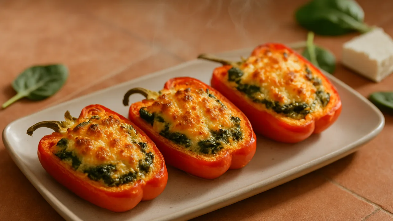 Gefüllte Paprika mit Feta und Spinat aus dem Airfryer mit Paprika und Feta, auf Terracotta-Fliesen angerichtet.