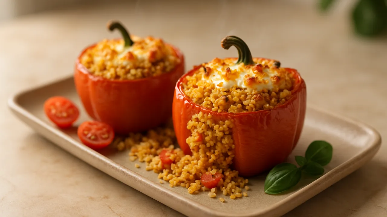 Gefüllte Paprika mit Feta aus dem Airfryer mit Paprika und Couscous, auf beigem Marmor angerichtet.