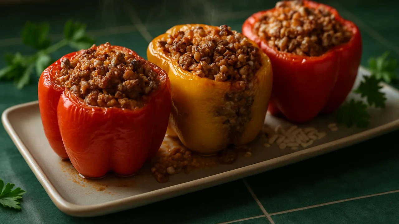 Gefüllte Paprika mit Hackfleisch und Reis aus dem Airfryer mit Paprika und gemischtes Hackfleisch, auf dunkelgrünen Fliesen …