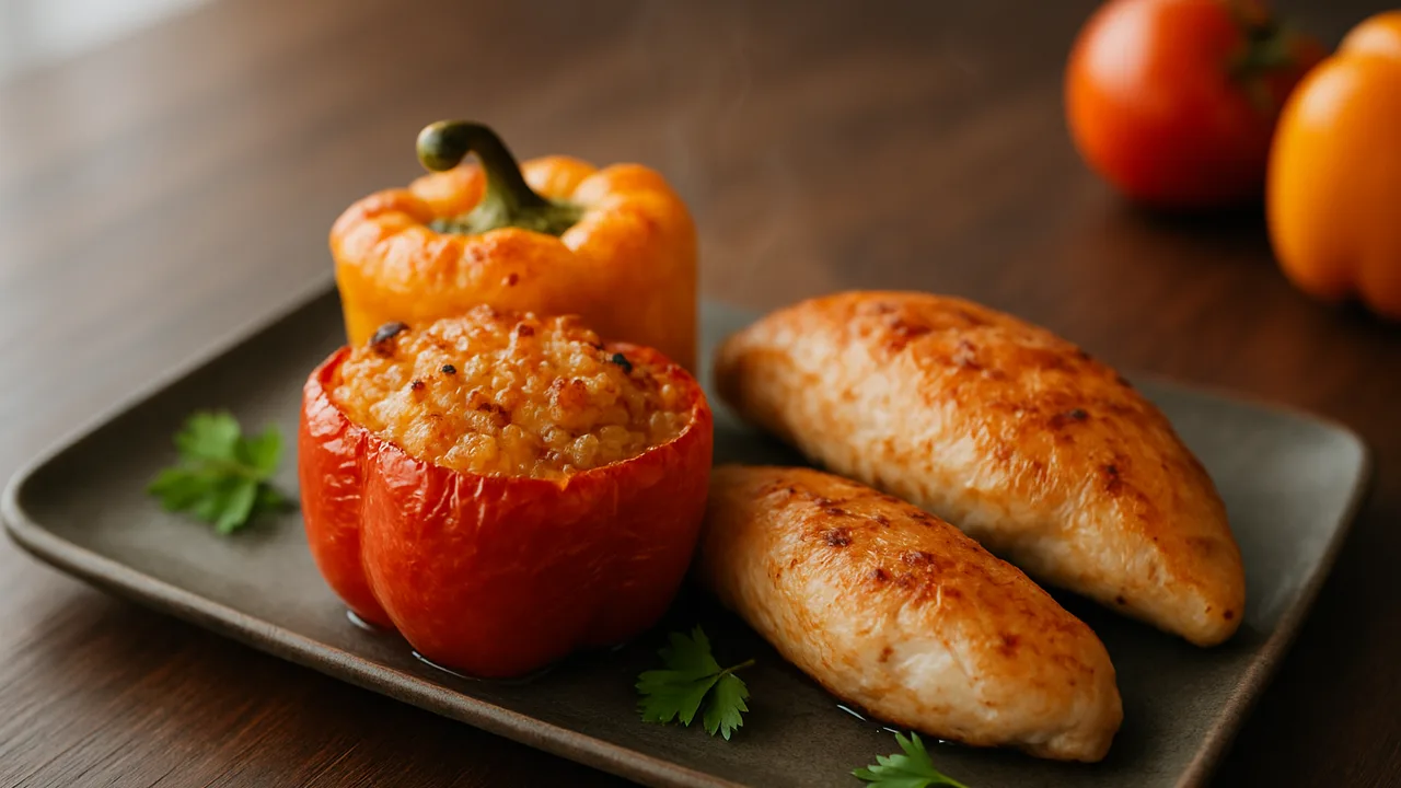 Gefüllte Paprika mit Hähnchenbrust aus dem Airfryer mit Paprikaschoten und Hähnchenbrust, auf dunklem Walnussholz …