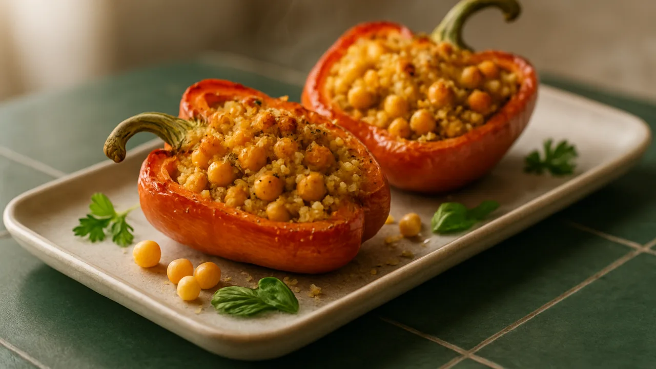 Gefüllte Paprika mit Kichererbsen aus dem Airfryer mit Paprika und Kichererbsen, auf dunkelgrünen Fliesen angerichtet.