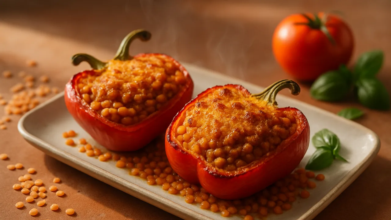 Gefüllte Paprika mit Linsen aus dem Airfryer mit rote Linsen und große Paprika, auf Terracotta-Fliesen angerichtet.