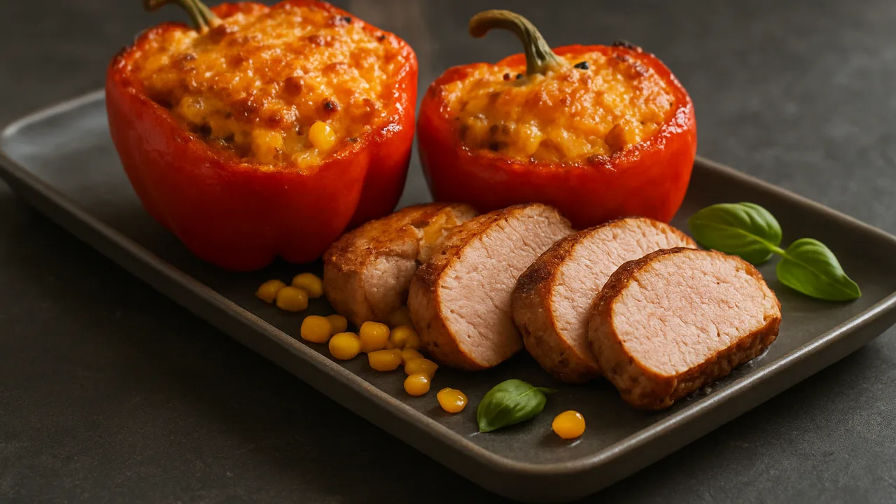 Gefüllte Paprika mit Mais und Schweinefilet aus dem Airfryer mit Paprika und Schweinefilet, auf dunklem Schiefer angerichtet.