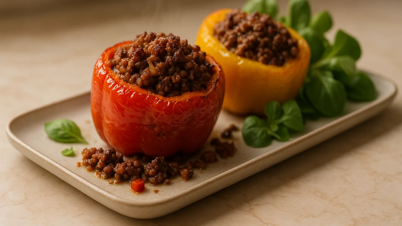 Gefüllte Paprika mit Rinderhack und Feldsalat aus dem Airfryer mit Rinderhackfleisch und Paprika, auf beigem Marmor …