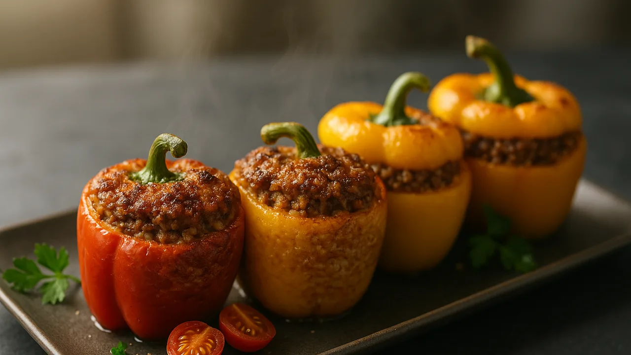 Gefüllte Paprika mit Rinderhackfleisch aus dem Airfryer mit Paprikaschoten und Rinderhackfleisch, auf dunklem Schiefer …