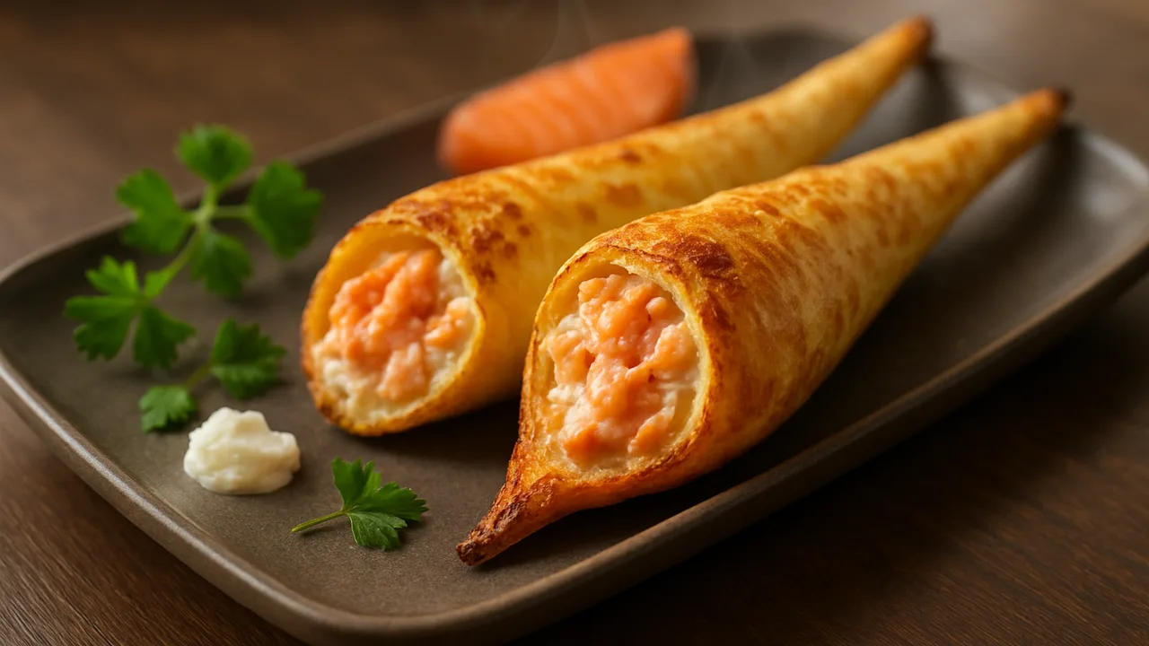 Gefüllte Pastinake mit Lachs aus dem Airfryer mit Pastinaken und Lachsfilet, auf dunklem Walnussholz angerichtet.