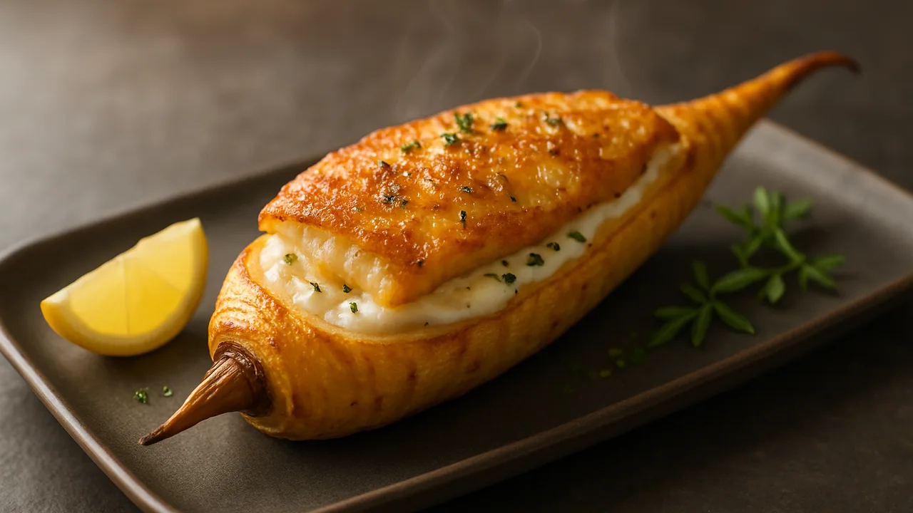 Gefüllte Pastinake mit Scholle aus dem Airfryer mit Pastinake und Schollenfilet, auf dunklem Schiefer angerichtet.