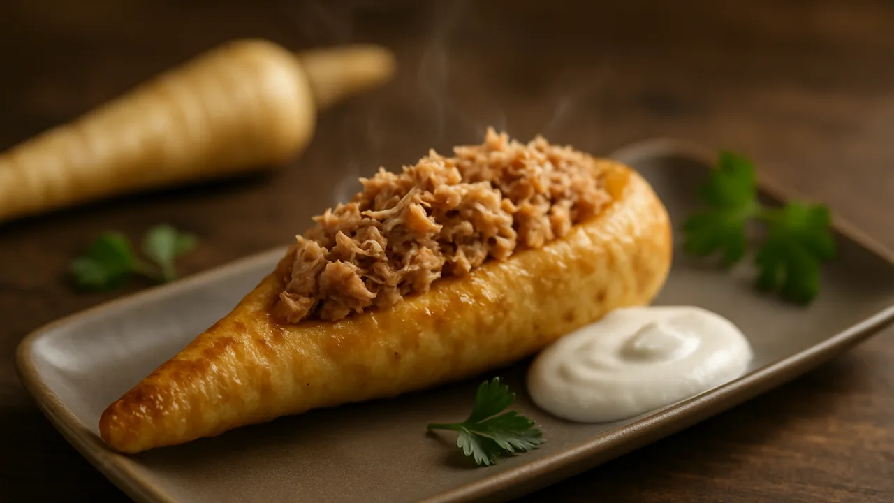 Gefüllte Pastinake mit Thunfisch aus dem Airfryer mit Pastinaken und Thunfisch (aus der Dose, abgetropft), auf dunklem …