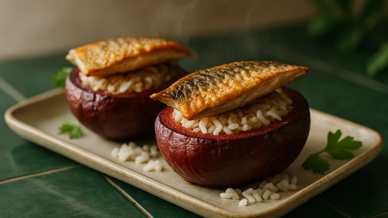 Gefüllte Rote Bete mit Makrele aus dem Airfryer mit Rote Bete und Makrelenfilets, auf dunkelgrünen Fliesen angerichtet.