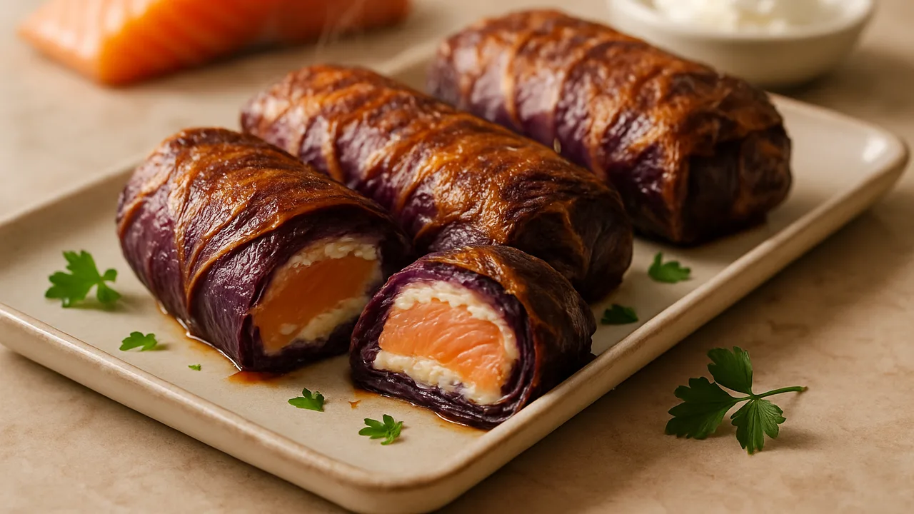 Gefüllte Rotkohl-Rouladen mit Lachs aus dem Airfryer mit Rotkohlblätter und Lachsfilet, auf beigem Marmor angerichtet.
