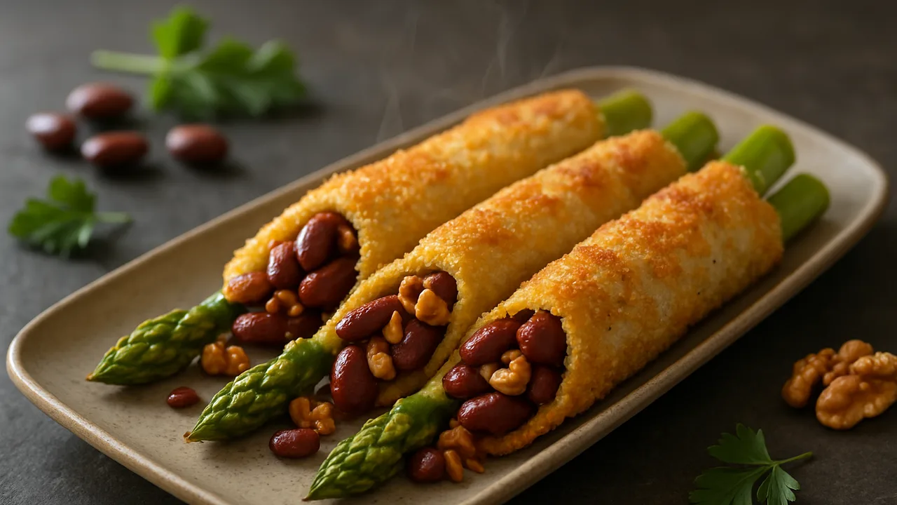 Gefüllte Spargel mit Kidneybohnen aus dem Airfryer mit grüner Spargel und Kidneybohnen, auf dunklem Schiefer angerichtet.