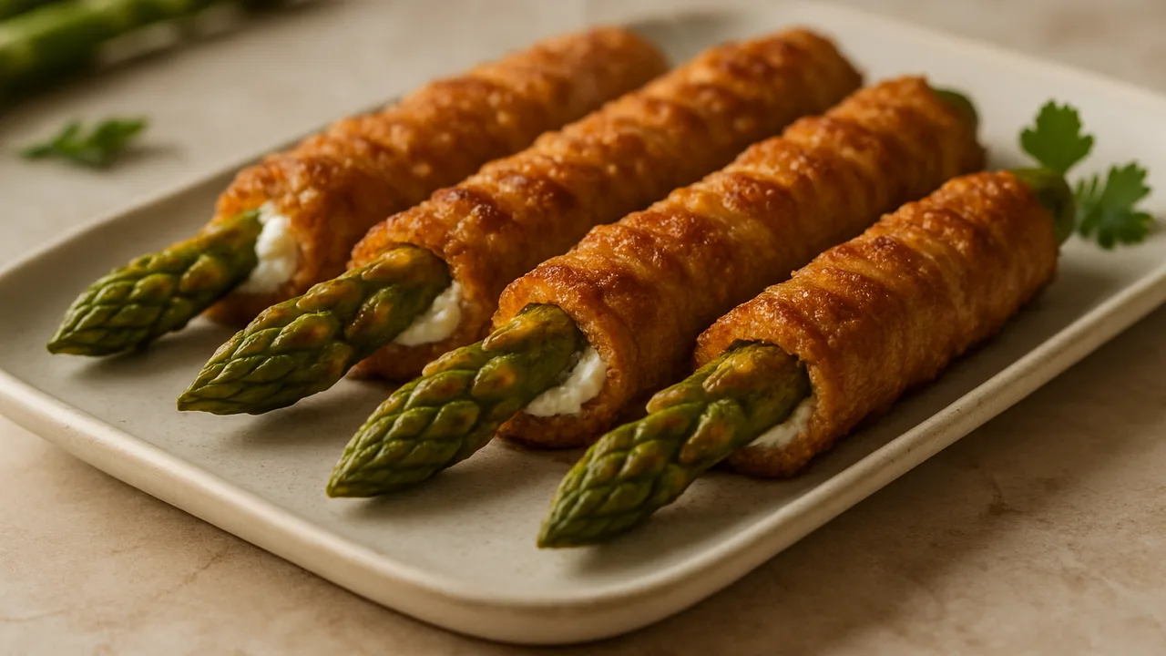 Gefüllte Spargel mit Seitan aus dem Airfryer mit grüner Spargel und Seitan, auf beigem Marmor angerichtet.