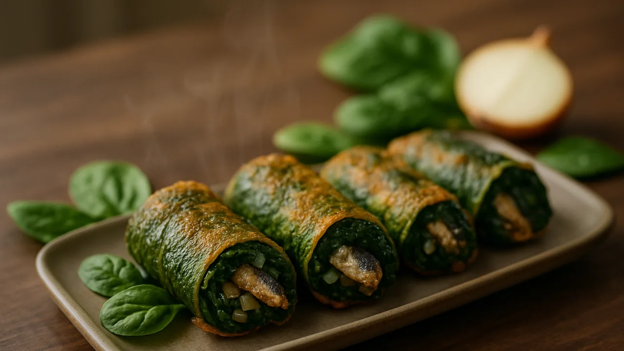 Gefüllte Spinat mit Sardinen aus dem Airfryer mit Blattspinat und Sardinen, auf dunklem Walnussholz angerichtet.