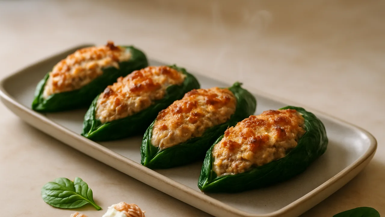 Gefüllte Spinatblätter mit Thunfisch aus dem Airfryer mit Spinatblätter und Thunfisch, auf beigem Marmor angerichtet.