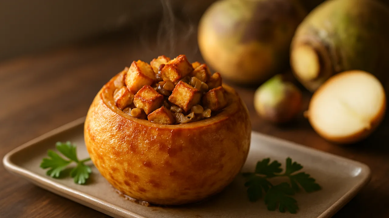 Gefüllte Steckrübe mit Tofu aus dem Airfryer mit Steckrüben und Tofu, auf dunklem Walnussholz angerichtet.