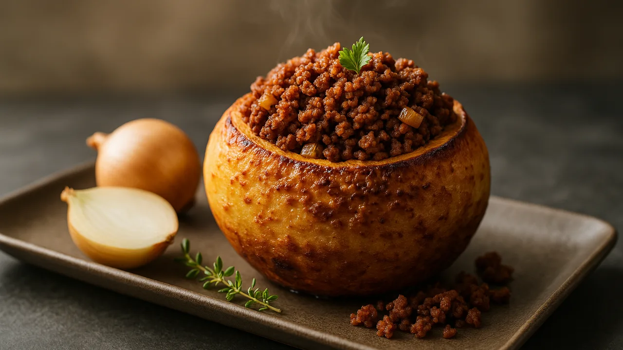 Gefüllte Steckrübe mit Veggie-Hack aus dem Airfryer mit Steckrübe und Veggie-Hack, auf dunklem Schiefer angerichtet.