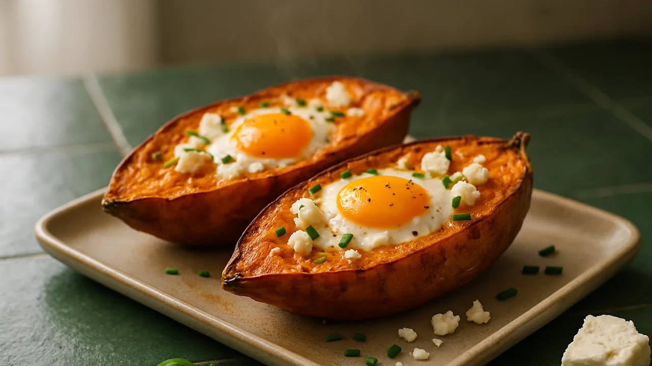 Gefüllte Süßkartoffel mit Ei aus dem Airfryer mit Süßkartoffeln und Eier, auf dunkelgrünen Fliesen angerichtet.