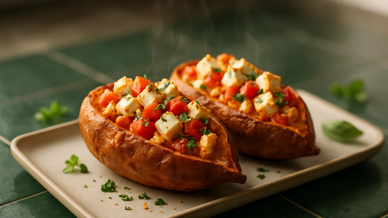 Gefüllte Süßkartoffel mit Feta aus dem Airfryer mit Süßkartoffeln und Feta, auf dunkelgrünen Fliesen angerichtet.
