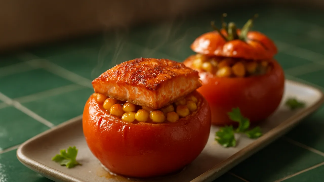 Gefüllte Tomate mit Lachs BBQ-Style aus dem Airfryer mit große Tomaten und Lachsfilet, auf dunkelgrünen Fliesen angerichtet.