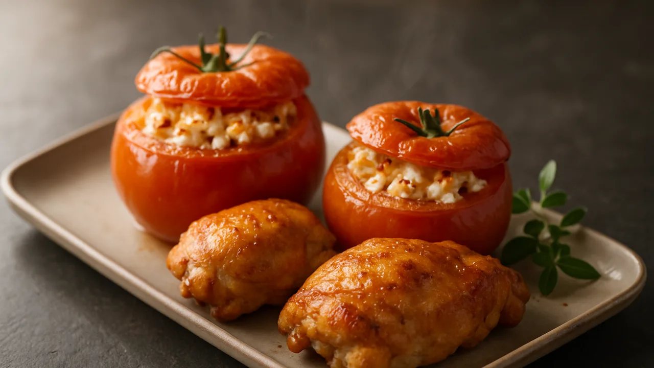Gefüllte Tomaten mit Hähnchenschenkel aus dem Airfryer mit große Tomaten und Hähnchenschenkel, entbeint, auf dunklem …